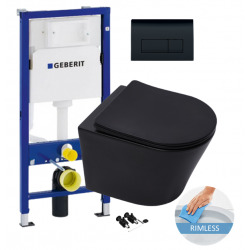 Geberit Toilet Pack Duofix Frame + Matt Black Infinitio Toilet w/Soft-Close Seat + Delta 50 Black Flush Plate (BlackInfinitioGeb-7)