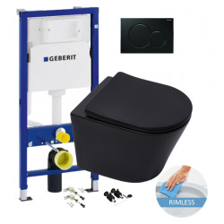 Geberit Toilet set  frame + WC Swiss Aqua Technologies Infinitio rimless matt black + Dark black flush plate (GebBlackInfinitio-A)