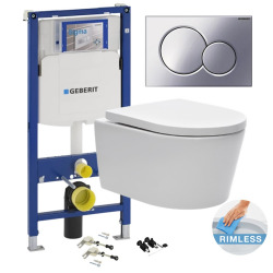Geberit Toilet set support frame with SAT rimless bowl, invisible fixings + softclose seat + Flush plate (GebSatrimless-CR+)