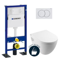 Geberit Toilet set Self-supporting Duofix support frame + Serel SM10 toilet + Softclose seat + White flush plate (SM10GebATP-1)