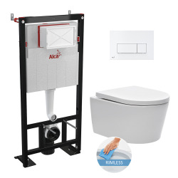 Alca Toilet set Self-supporting frame +rimless wall-hung toilet, invisible fixings + white two-touch flush plate (AlcaSATrimless-4)