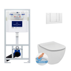 Villeroy & Boch Toilet set Frame + Ideal Standard TESI AquaBlade rimless bowl , invisible fixings + White flush plate (ViConnectTesi-2)