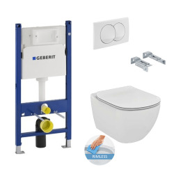 Geberit Toilet set Duofix frame + Tesi Aquablade Rimless WC + slim softclose seat + White Plate + Sound insulation (TesiGeb3SET)