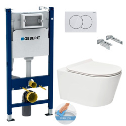 Geberit Toilet Pack Duofix Frame 112cm + SAT Brevis Rimless Toilet + Ultra-Thin Soft-Close Seat + White Flush Plate (BrevisGeb3)