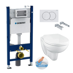 Geberit Toilet set Duofix Toilet Frame + Porcher rimless wall-hung bowl + Ideal Standard ASTOR seat + White plate (PorcherGeb3)