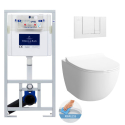 Villeroy & Boch Toilet set ViConnect Pro Support frame + Sento SmoothFlush rimless toilet + Softclose seat + White two-touch plate