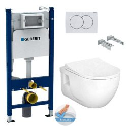 Geberit Toilet set Duofix Support Frame + Lucco Brilla rimless toilet + Softclose seat + White plate (BrillaGeb3)