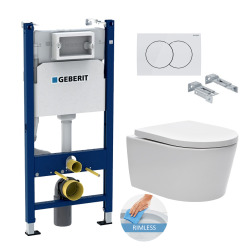 Geberit Toilet set Support Frame 112cm + Swiss Aqua Technologies Rimless toilet + White flush plate + Insulation set