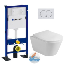 Geberit Toilet set DUOFIX UP100 Self-supporting Support frame  + Lucco Avva rimless wall-hung toilet + softclose seat + white plate