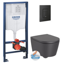 Grohe Toilet Set Support frame + Roca Inspira onyx rimless toilet invisible fixings + Softclose Seat + black flush plate