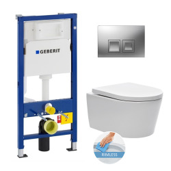 Geberit Toilet set UP100 support frame + Delta35 matt chrome plate + SAT rimless suspended bowl and invisible fixings (SATrimlessGeb2)