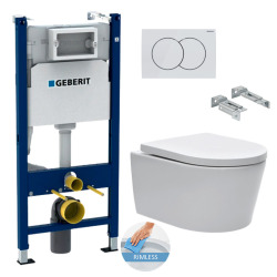 Geberit Toilet set 112cm Support Frame + Swiss Aqua Technologies rimless bowl + White flush plate (SATrimlessGeb3)