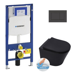 Geberit Toilet set UP320 support frame + SAT Infinitio rimless toilet matt black + Softclose seat + Black plate (GebBlackInfinitio-G)