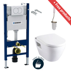 Geberit Toilet set Duofix frame + Serel SM10 wall-hung toilet + Softclose seat + White flush plate + FREE toilet brush (SM10Geb3-Flex2)