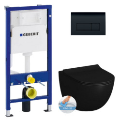 Geberit Toilet Set Duofix support frame + Vitra SENTO matt black rimless toilet + Softclose seat + Black plate (BlackSentoGeb-7)