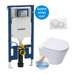 Geberit UP720 extra-flat toilet frame + SAT Infinitio rimless WC with invisible fixings + White flush plate (SLIM-Infinitio-B)