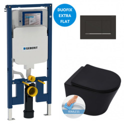 Geberit Toilet set support frame + SAT Infinitio rimless wc, matt black + Soft close seat + matt black/chrome flush plate