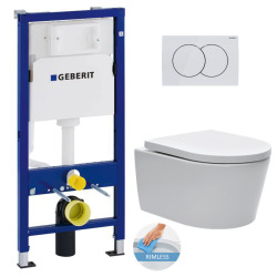 Geberit Toilet Pack UP100 Support Frame + White Delta01 Flush Plate + SAT Rimless Wall-Hung Toilet + Invisible Fixings (SATrimlessGeb1)