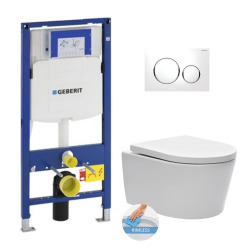 Geberit Toilet set Frame with SAT rimless toilet,  invisible fixings + Softclose seat + White chrome flush plate (GebSatrimless-C)