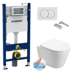 Geberit Toilet set Duofix frame + SAT Infinitio rimless WC , invisible fixings + White flush plate (InfinitioGeb3)