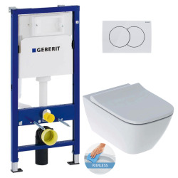 Geberit Toilet set Duofix Support frame + Geberit Smyle Rimfree toilet + softclose seat +  white flush plate (SmyleGeb1)