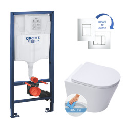 Grohe Toilet Set Support frame + SAT Infinitio matt white rimless bowl + Softclose seat + Chrome flush plate (GROHE-InfinitioMat-1)