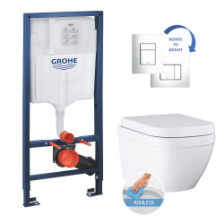 Grohe Toilet set Rapid SL support frame + Skate Cosmopolitan chrome flush plate + Euro Ceramic bowl + softclose seat (euroceramicset1)