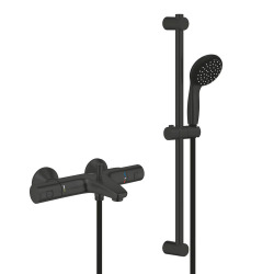 Grohe Shower Set Thermostatic Bath/Shower Mixer + 2-Spray Hand Shower + Shower Rail 600 mm + Hose, Matt Black (345982430-GroheBlack1)