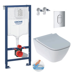 Grohe Toilet Pack Support Frame + Geberit Smyle Square Rimless Toilet + Softclose Seat + Arena Chrome Flush Plate