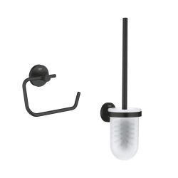 Grohe START Set Toilet Brush Holder + Wall-Mounted Toilet Roll Holder, Matt Black (411852430-GroheBlackSet1)