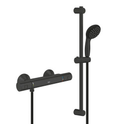 Grohe Shower Set Single-Lever Shower Mixer + 2-Spray Hand Shower + Shower Rail 600 mm + Hose, Matt Black (345942430-GroheBlack1)