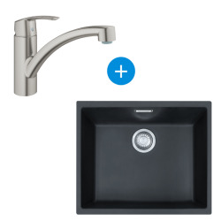 Franke Kitchen Sink Sirius Tectonite Undermount 52.5x44 cm, Matt Black + Grohe SuperSteel Single-Lever Mixer (125.0363.789-DC1)