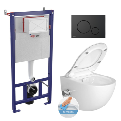 Swiss Aqua Technologies Wall hung toilet set frame + SAT Infinitio rimless WC with thermostatic bidet function + Matt black plate (SMARTK-SATClean-M678)
