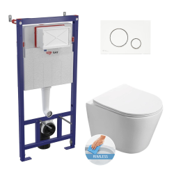 Swiss Aqua Technologies WC set frame + SAT Infinitio rimless toilet+ Softclose seat + White/chrome plate (SMARTK-Infinitio-9)