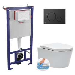 Swiss Aqua Technologies WC Frame + SAT Rimless Toilet w/invisible fixings + Soft-Close Seat + Matt Black Flush Plate (SMARTK-SATrimless-M678)