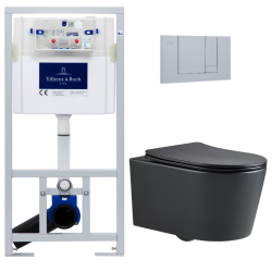 Villeroy & Boch Toilet Viconnect support frame + SAT matt black Rimless toilet + Softclose seat + Matt chrome plate (VCNBLSAT3)