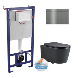 Swiss Aqua Technologies Toilet frame + Black SAT rimless WC, invisible fixings + Softclose + stainless steel plate, Gun Metal (SMARTK-BlackSAT-GM-P)
