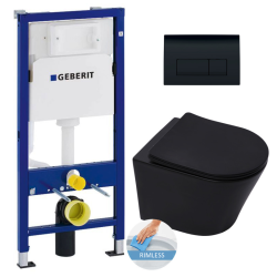 Geberit Duofix UP100 Frame + SAT Infinitio Rimless bowl + Soft-Close Seat + Matt Black Delta 50 Flush Plate (BLINFIGEB10)