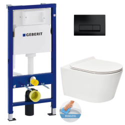 Geberit Toilet Pack Duofix UP100 Frame + Rimless SAT Brevis Toilet with Soft-Close Seat + Matt Black Flush Plate (BrevisGeb10)