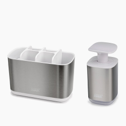 Joseph Joseph Bathroom Sink Set, 2 Pieces, Stainless Steel soap dispenser toothbrush holder with multiple compartments (70551)