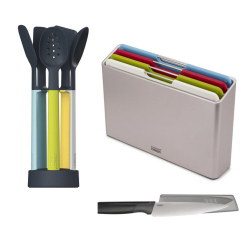 Joseph Joseph Kitchen Set of Elevate 5-piece Silicone Utensil Set + 4 Cutting Boards + Japanese Stainless Steel Blade Knife