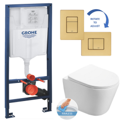 Grohe Toilet set Grohe Rapid SL frame + Infinitio rimless bowl + Grohe brushed gold Skate Cosmopolitan flush plate