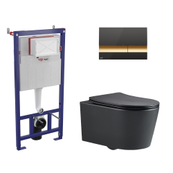 SMARTK Toilet Pack SAT Support Frame + SAT rimless wall-hung toilet + Alca Dual Flush Plate (SMARTK-BlackSAT-M1728)