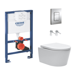 Toilet Pack SAT Rimless Wall-Hung Toilet + Rapid SL Frame System and brackets + Grohe Chrome Flush Plate (RapidSLSAT-82)