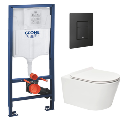 Grohe Toilet Pack Rapid SL Frame + SAT Brevis Rimless Toilet with Soft-Close Seat + Matt Black Flush Plate (RapidSL-Brevis-KF0)