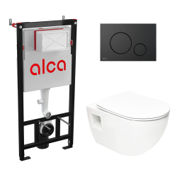 Toilet Pack Frame + SAT Wall-Hung Rimless Toilet + Matt Black Flush Plate (Alca-Project-SATAT68)