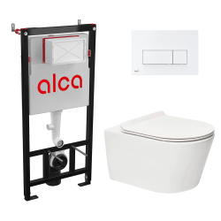 Toilet Pack Frame + SAT Brevis Wall-Hung Rimless Toilet + White Dual Flush Plate (Alca-Brevisrimless-M570)