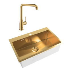 Swiss Aqua Technologies Grohe Set Stainless Steel Built-In Kitchen Sink, 68x45x21 cm + Essence Single-Lever Tap, Brushed PVD Gold (SATSINK6845BG-SET2)