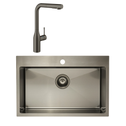 Swiss Aqua Technologies /Grohe Set Stainless Steel Built-In Kitchen Sink, 68x45x21 cm + Single-Lever Tap, Brushed Gun Metal (SATSINK6845BGM-SET1)
