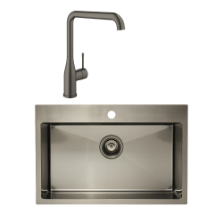 /Grohe Set Stainless Steel Built-In Kitchen Sink, 68x45x21cm + Essence Single-Lever Tap, Brushed Gun Metal (SATSINK5545BGM-SET2)